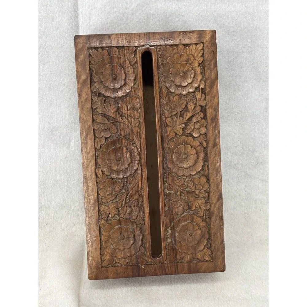 Hand Carved Floral Wooden Tissue Box Cover Holder Case with Removable Bottom